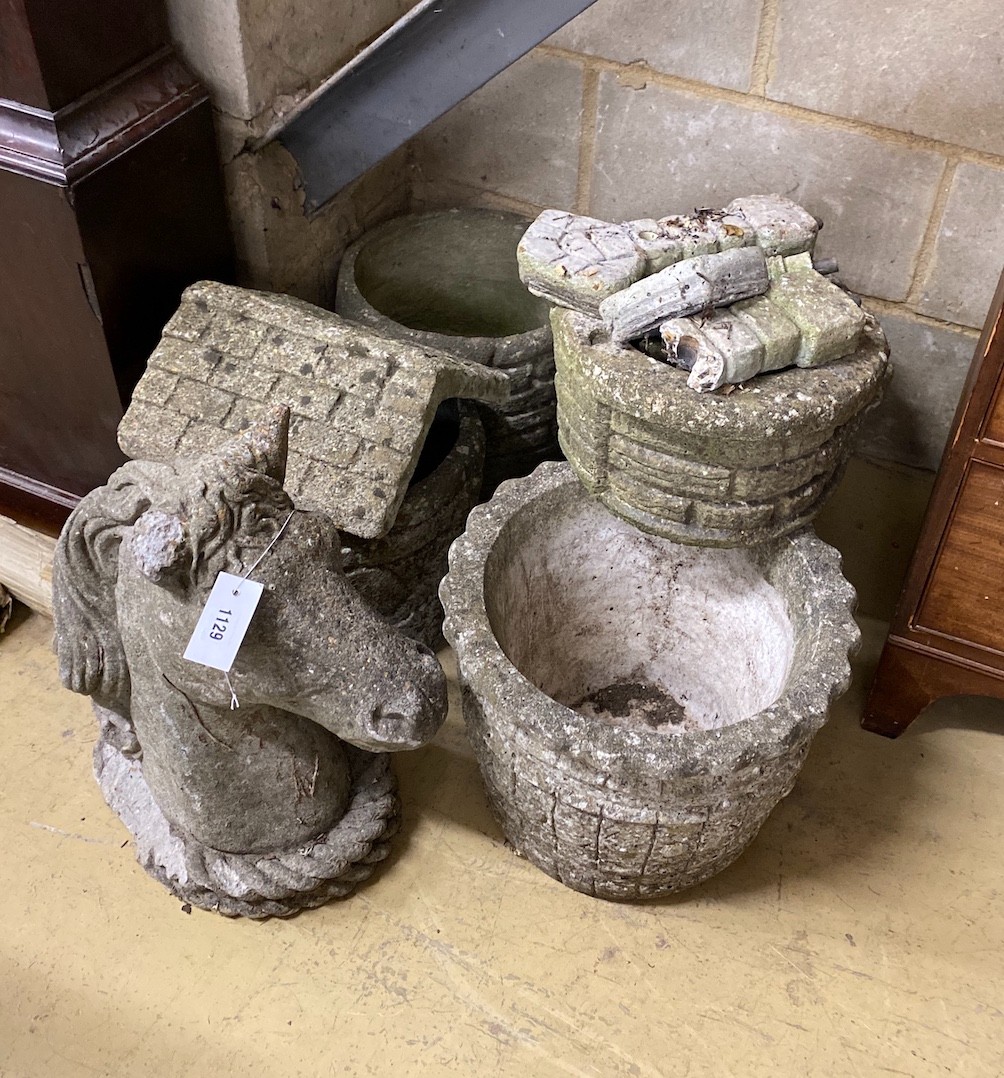 A reconstituted stone horse head garden ornament, height 46cm together with a wishing well bird bath and four circular garden planters